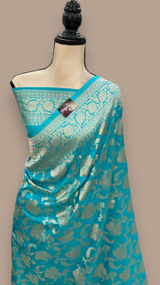 Turquoise Pure Katan Silk Banarasi Handloom Saree - All Over Jaal Work - The Handlooms
