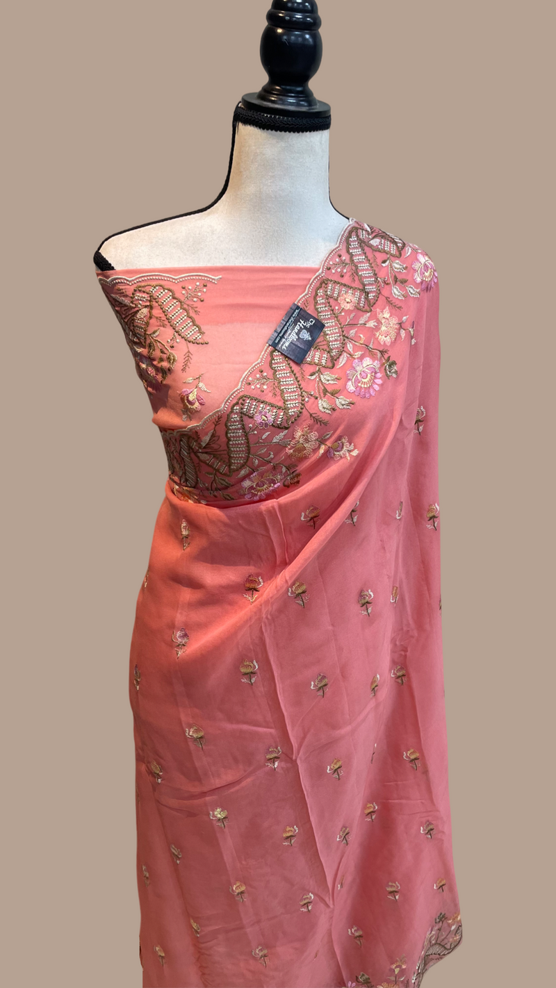Pure Georgette Chikankari Handloom Banarasi Saree - The Handlooms
