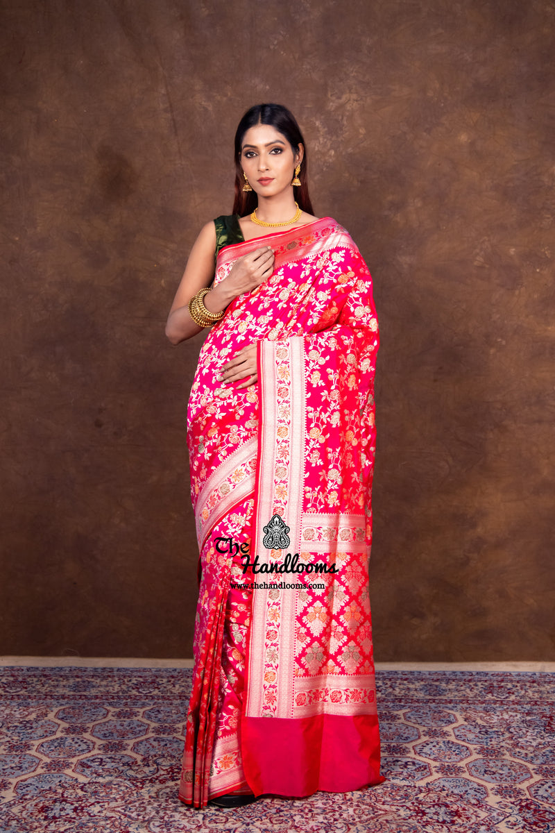 Hot Pink Pure Katan Silk Banarasi Handloom Saree - All over Jaal work with Meenakari - The Handlooms