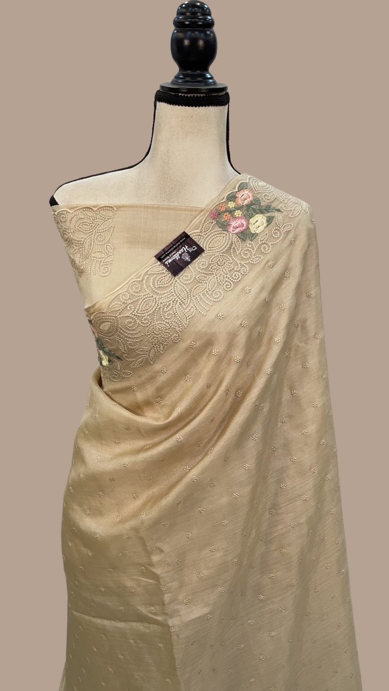 Tussar Silk Handloom Banarasi Saree With Chikankari - The Handlooms