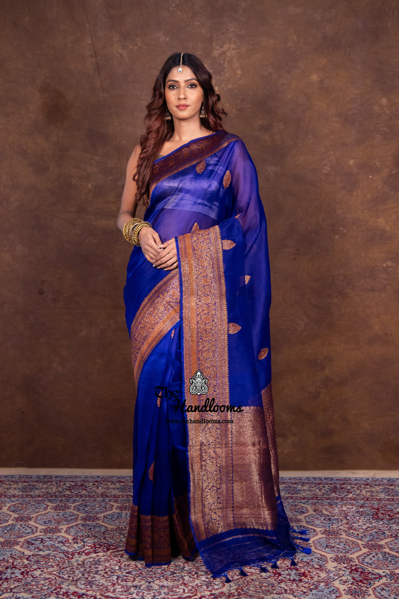Blue Pure Kora Handloom Banarasi Saree - The Handlooms