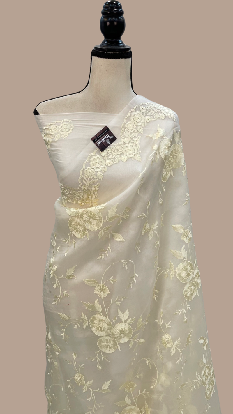 Off-white Pure Organza Chikankari Handloom Banarasi Saree - The Handlooms
