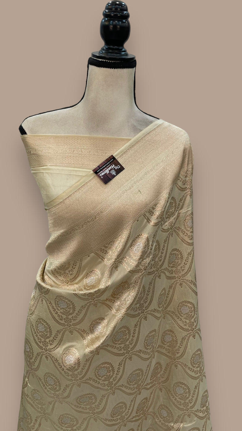 Cream Pure Katan Silk Banarasi Handloom Saree - All over Sona Roopa Jaal work - The Handlooms