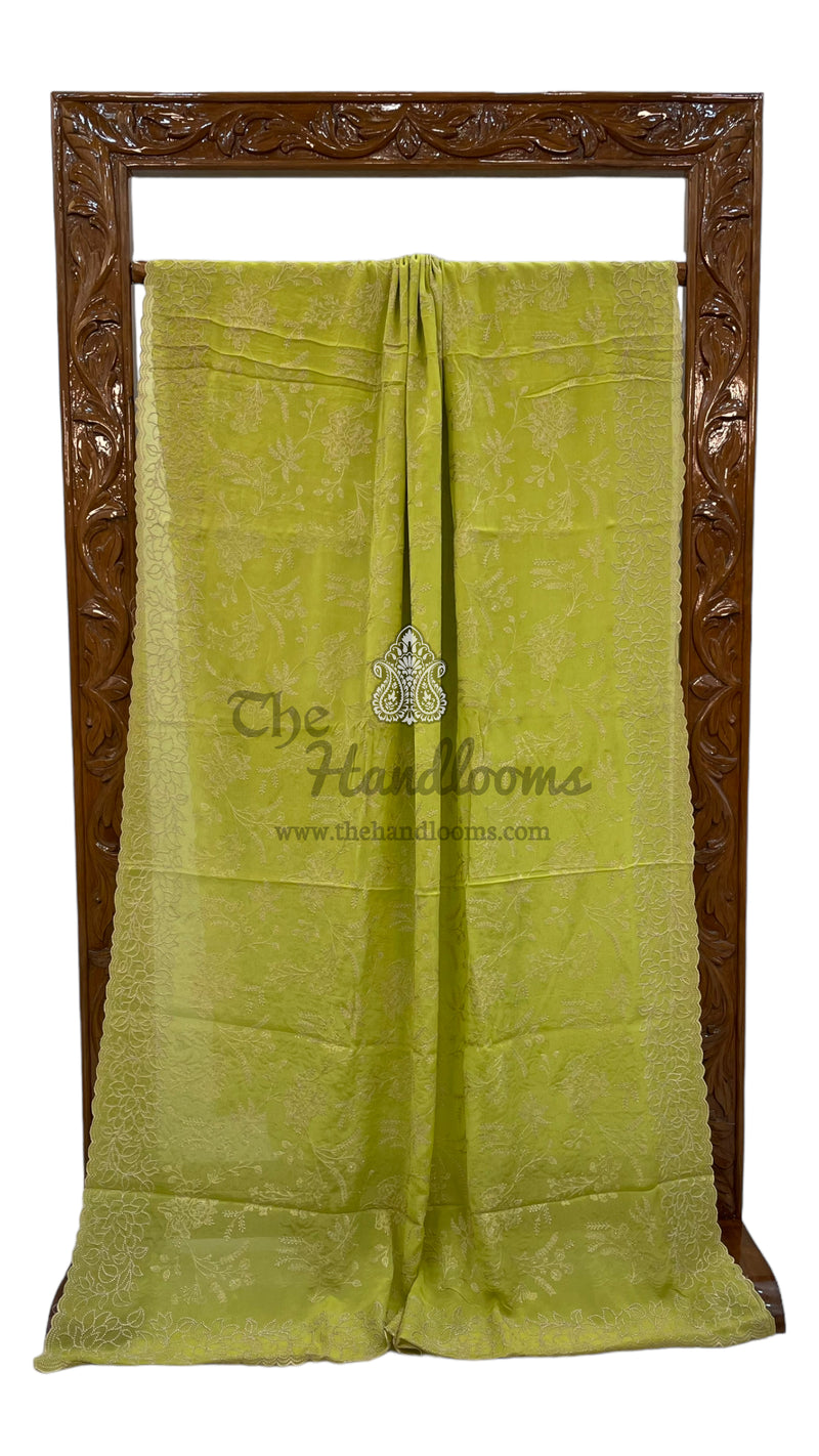 Lime Green Pure Georgette Chikankari Handloom Banarasi Saree - The Handlooms
