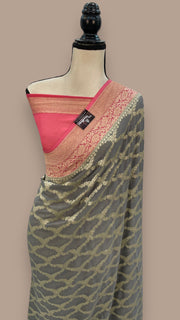 Grey Khaddi Georgette Handloom Banarasi Saree - The Handlooms