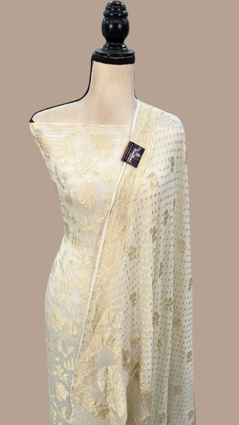 White Pure Khaddi Georgette Handlooms Banarasi Dress material - The Handlooms