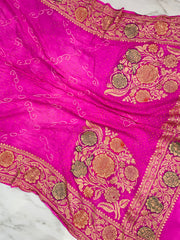 Pink Pure Georgette Banarasi Bandhej Handloom Dupatta - The Handlooms