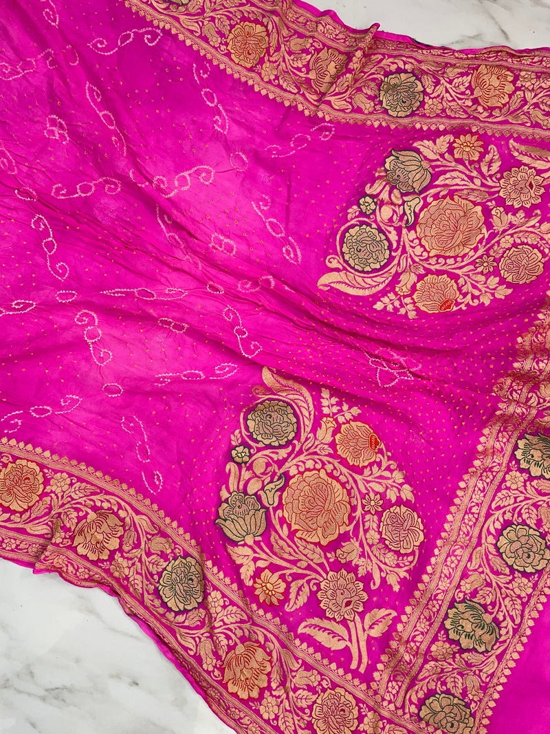 Pink Pure Georgette Banarasi Bandhej Handloom Dupatta - The Handlooms