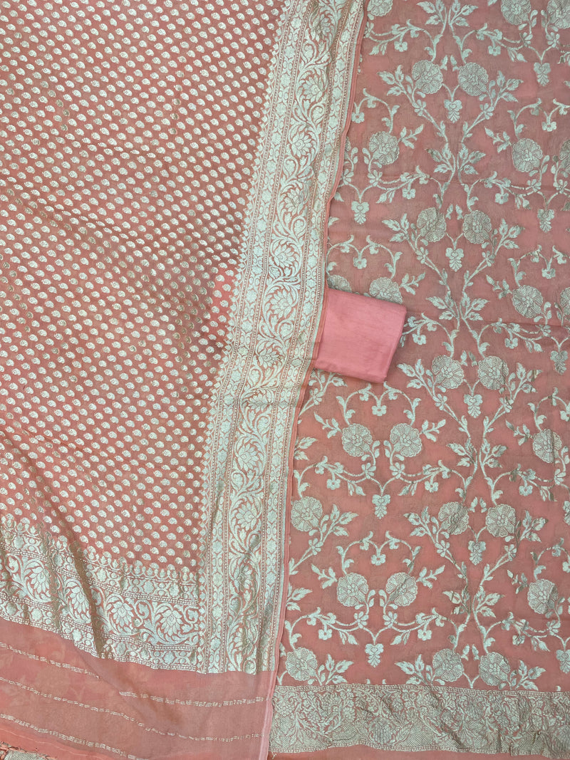 Peach Pure Khaddi Georgette Banarasi Dress material - The Handlooms