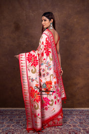 Red Pure Tussar Georgette Brocade Handloom Banarasi Saree - The Handlooms