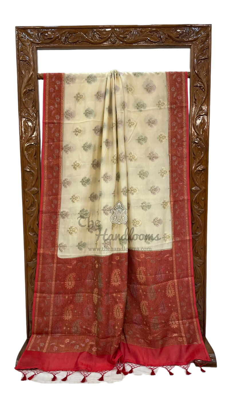 Cream Pure Butter Crepe Banarasi Saree - The Handlooms