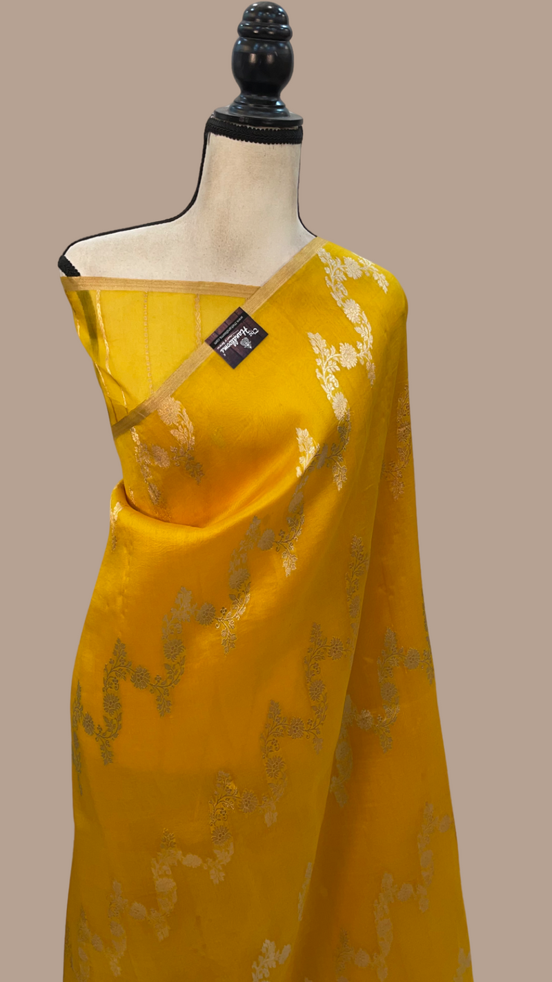 Mango Yellow Pure Kora Handloom Banarasi Saree - The Handlooms