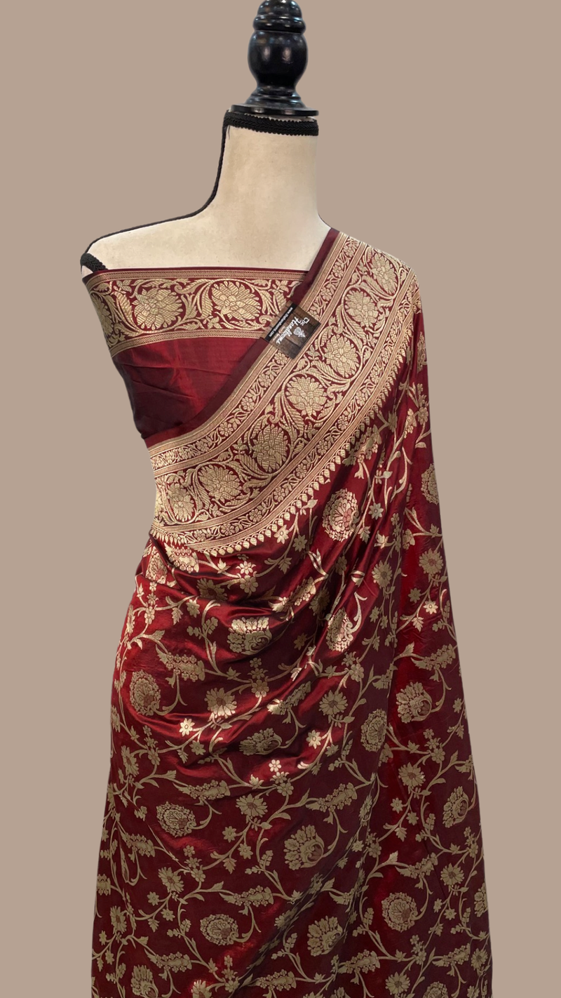Maroon Pure Katan Silk Banarasi Handloom Saree - All Over Jaal Work - The Handlooms