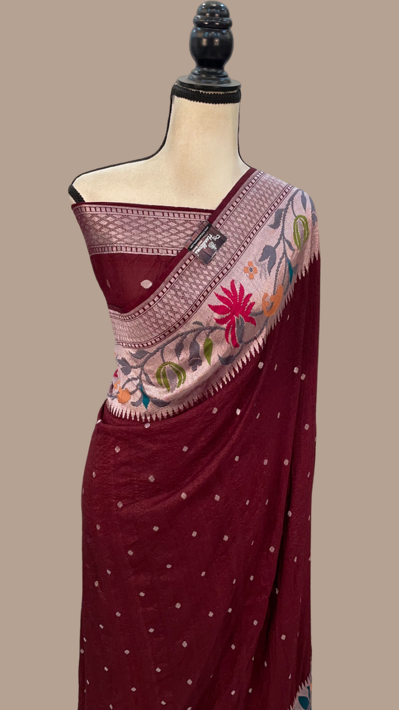 Tussar Georgette Handloom Banarasi Saree - Paithani Border - The Handlooms