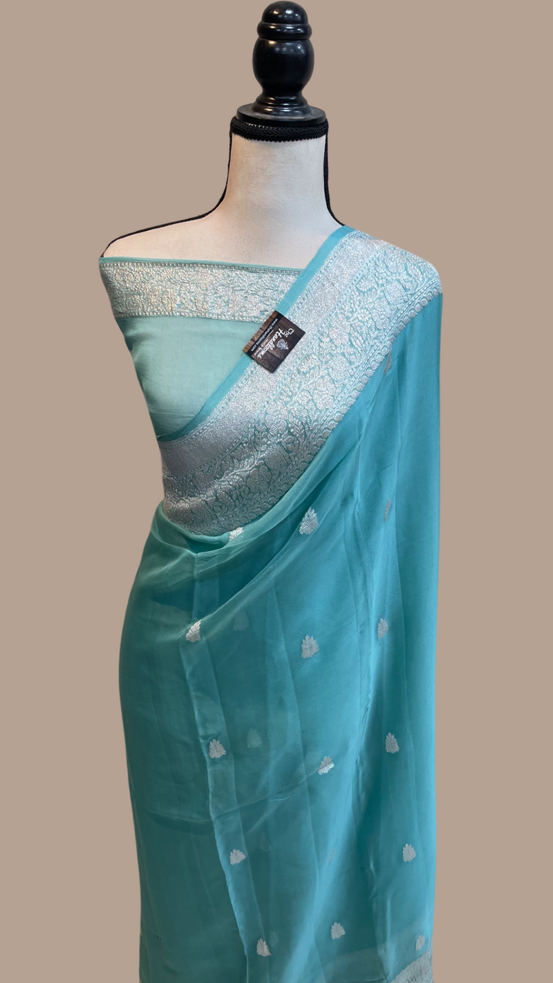Pure Georgette Banarasi Saree - Cement Green - The Handlooms