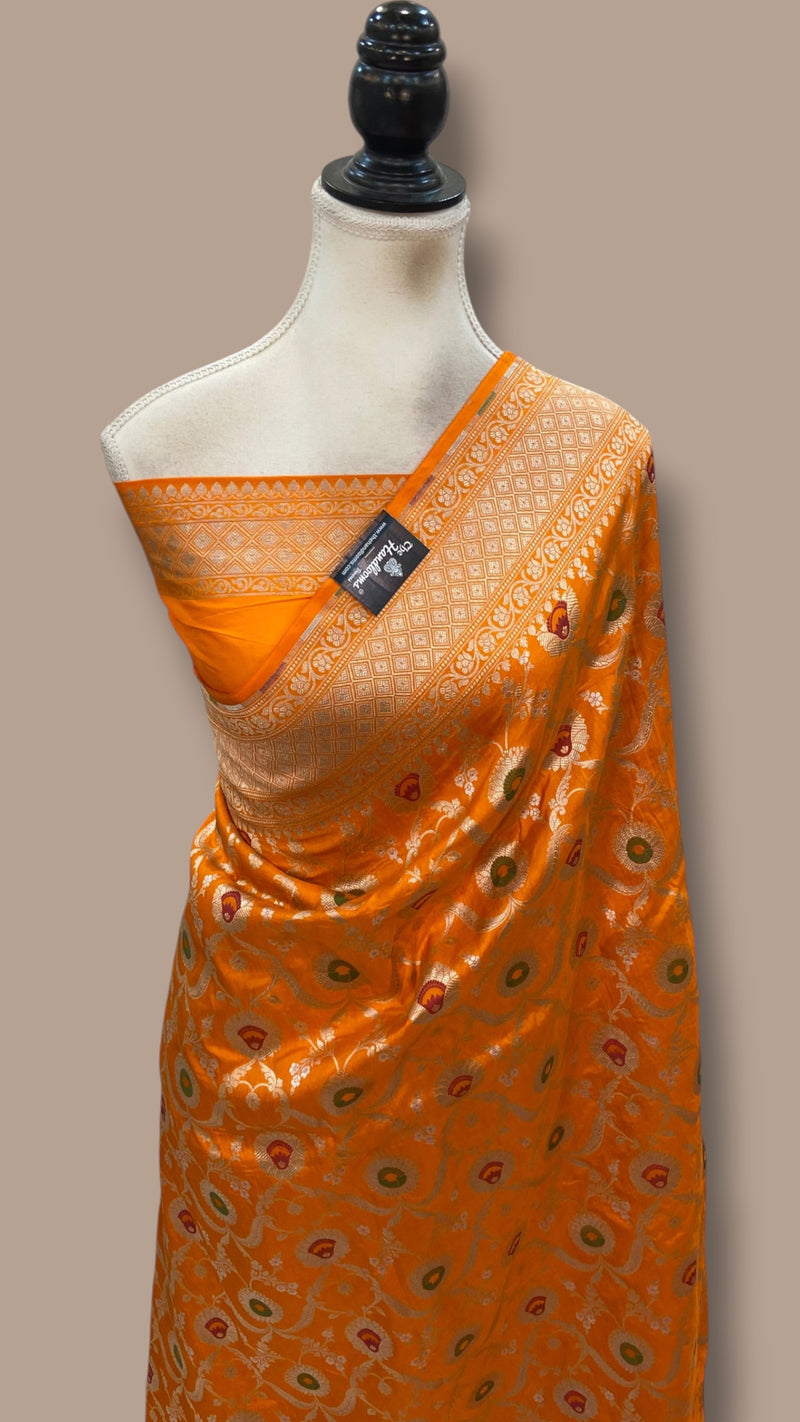 Pure Katan Silk Banarasi Handloom Saree - All Over Jaal Work With Meenakari