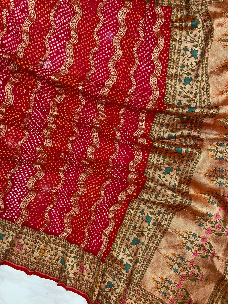 Pure Georgette Banarasi Bandhej Handloom Saree - Meenakari