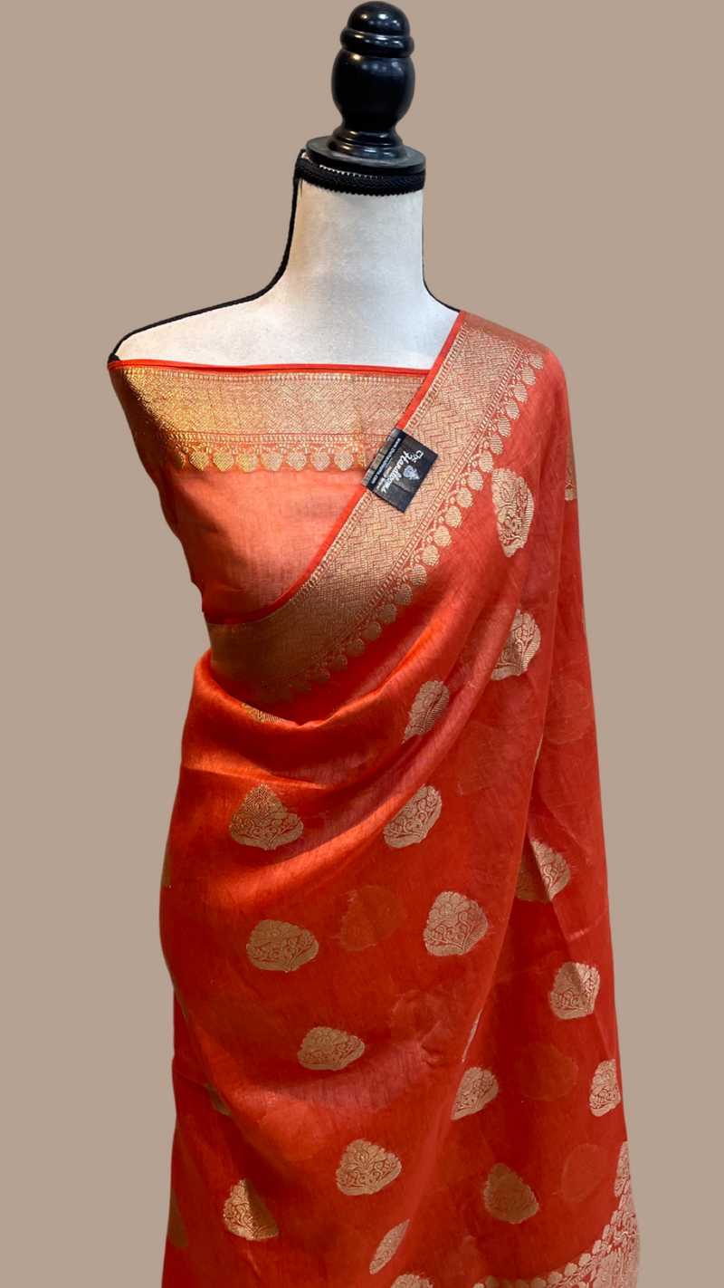 Orange Pure Linen Banarasi Saree - The Handlooms