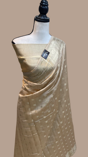 Beige Pure Dupion Silk Banarasi Saree - Gold Zari - The Handlooms