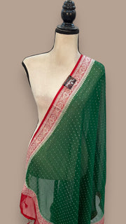 Pure Georgette Handwoven Dupatta - Green Red silver zari - The Handlooms