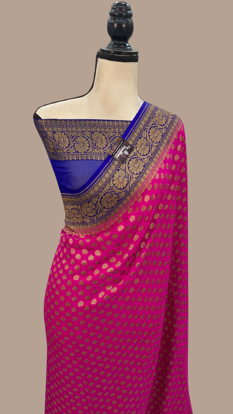 Hot Pink Khaddi Georgette Handloom Banarasi Saree - The Handlooms