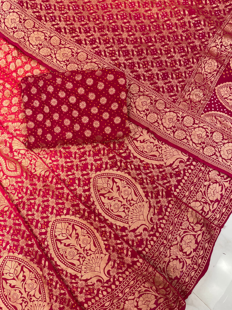 Pure Khaddi Georgette Bandhani Handloom Banarasi Lehenga - The Handlooms