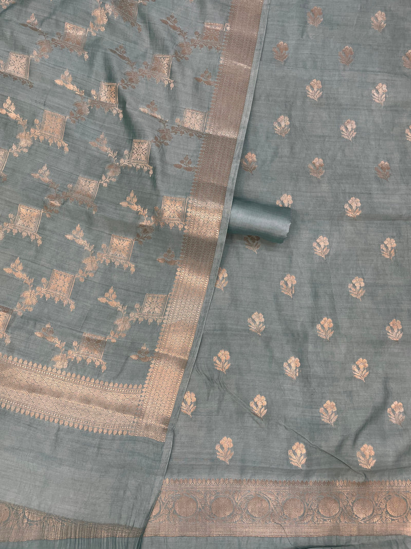 Mint Green Pure Chiniya Silk Handlooms Banarasi Dress material - The Handlooms