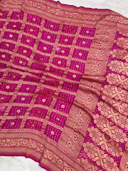 Hot Pink Pure Georgette Banarasi Bandhej Handloom Saree - The Handlooms