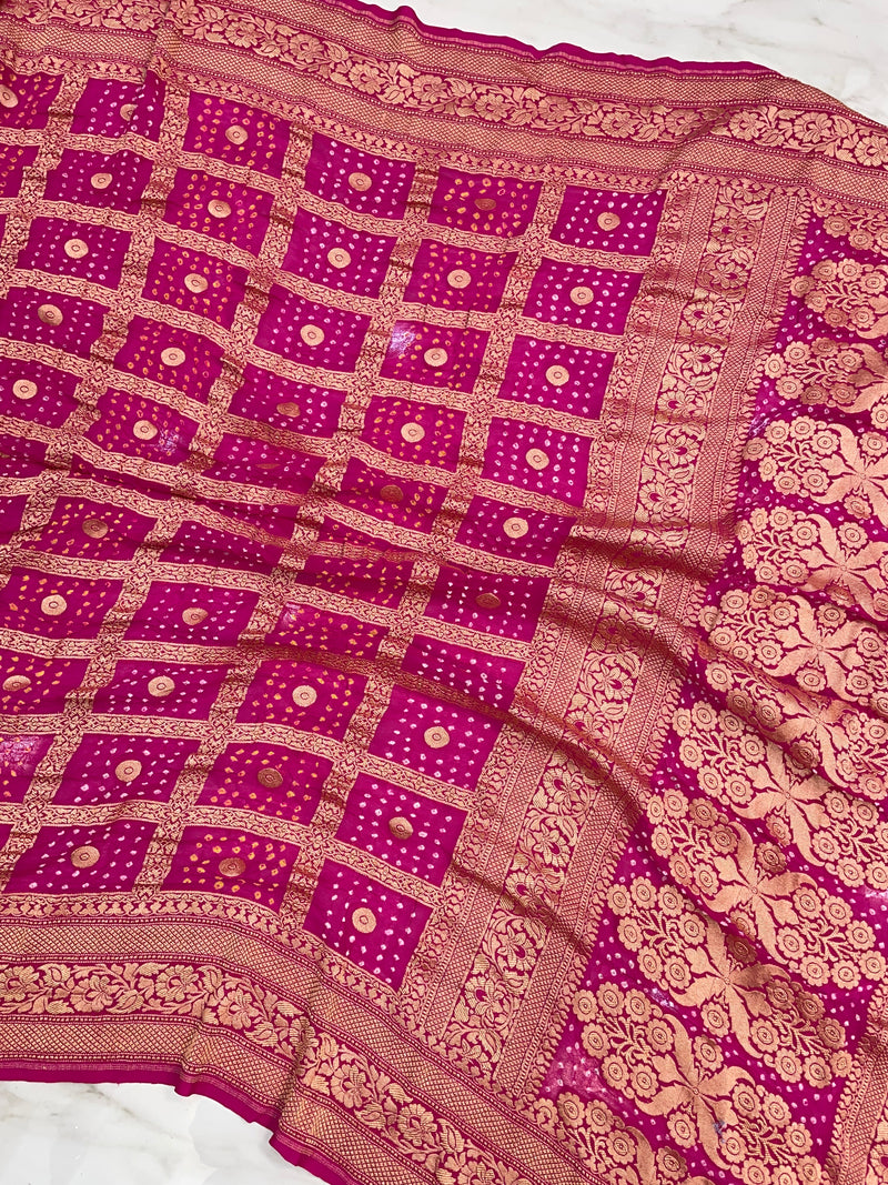 Hot Pink Pure Georgette Banarasi Bandhej Handloom Saree - The Handlooms
