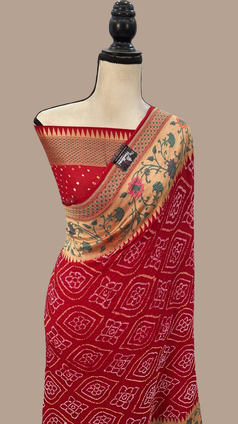 Pure Georgette Banarasi Bandhej Handloom Saree - with meenakari work - The Handlooms