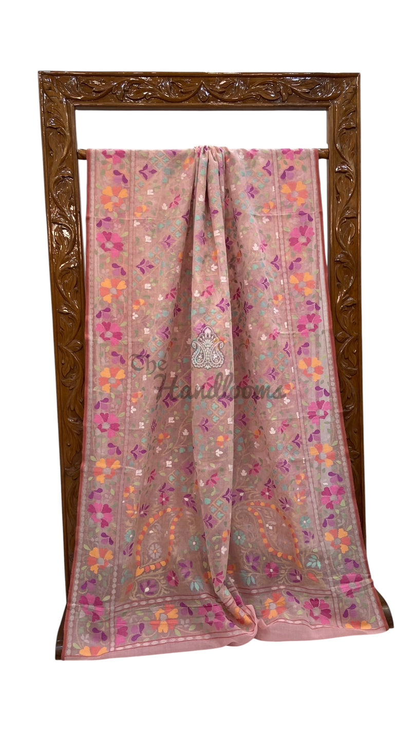 Real Zari Pure Cotton Jamdani Silk Banarasi Handloom Saree - All Over Kadiyal Jaal Work