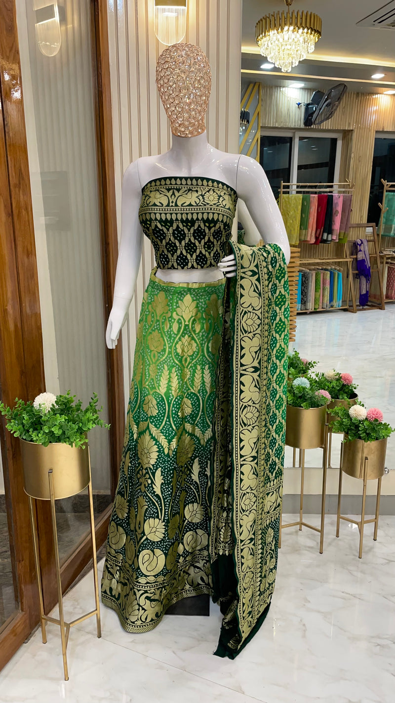 Green Pure Khaddi Georgette Bandhani Handloom Banarasi Lehenga - The Handlooms