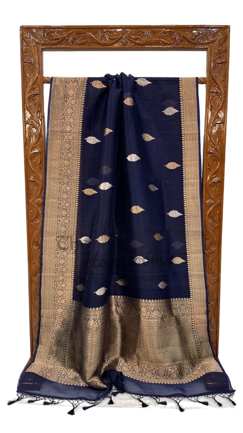 Blue Pure Kora Handloom Banarasi Saree - Sona Roopa Alfi Kadua Boota - The Handlooms