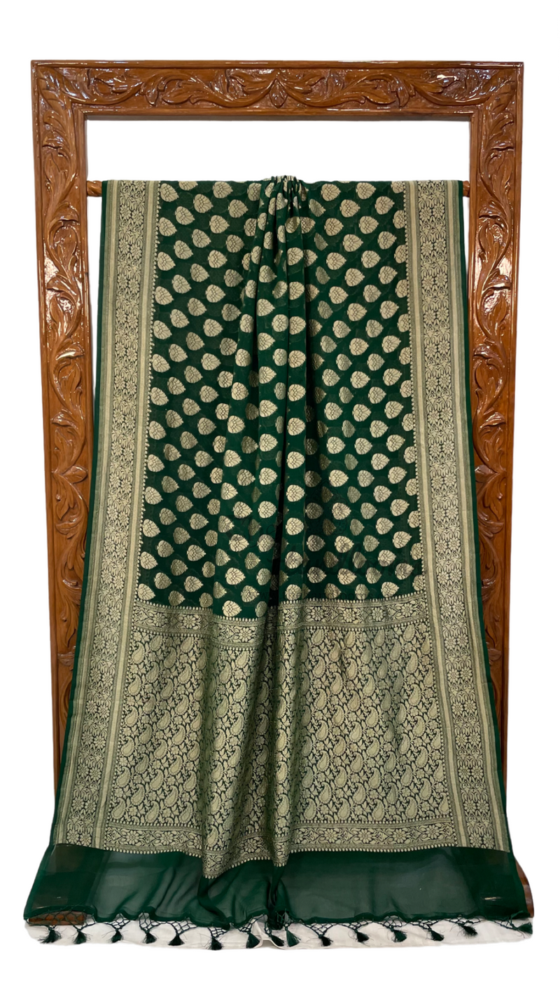 Green Pure Khaddi Georgette Banarasi Saree -  Gold zari - The Handlooms