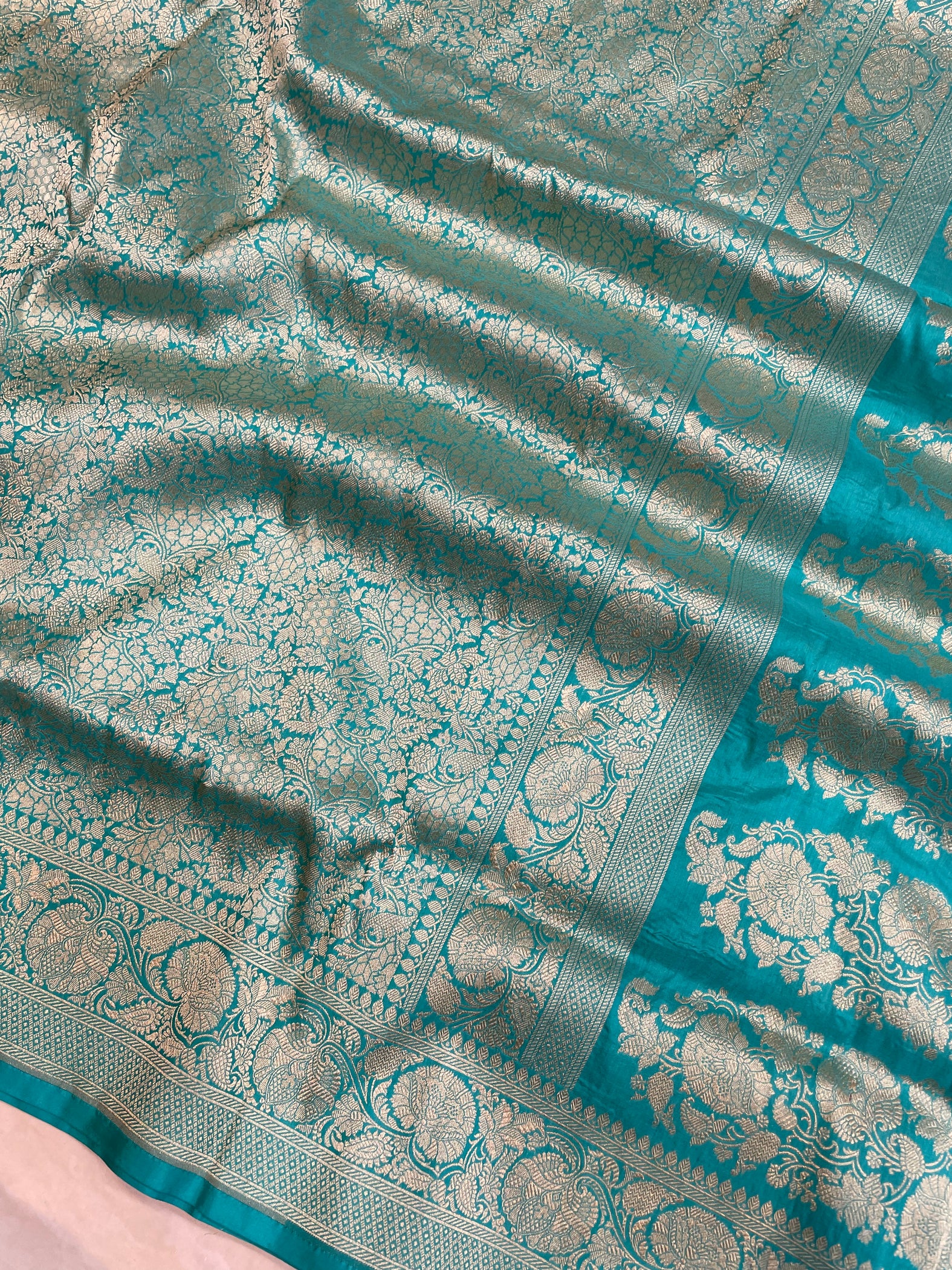 Turquoise Pure Katan Silk Banarasi Handloom Saree - Tanchui Brocade ...