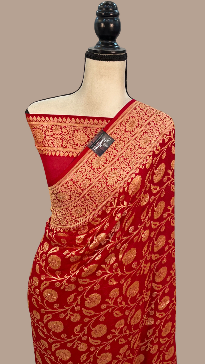 Red Khaddi Georgette Banarasi Saree - Gold zari - The Handlooms