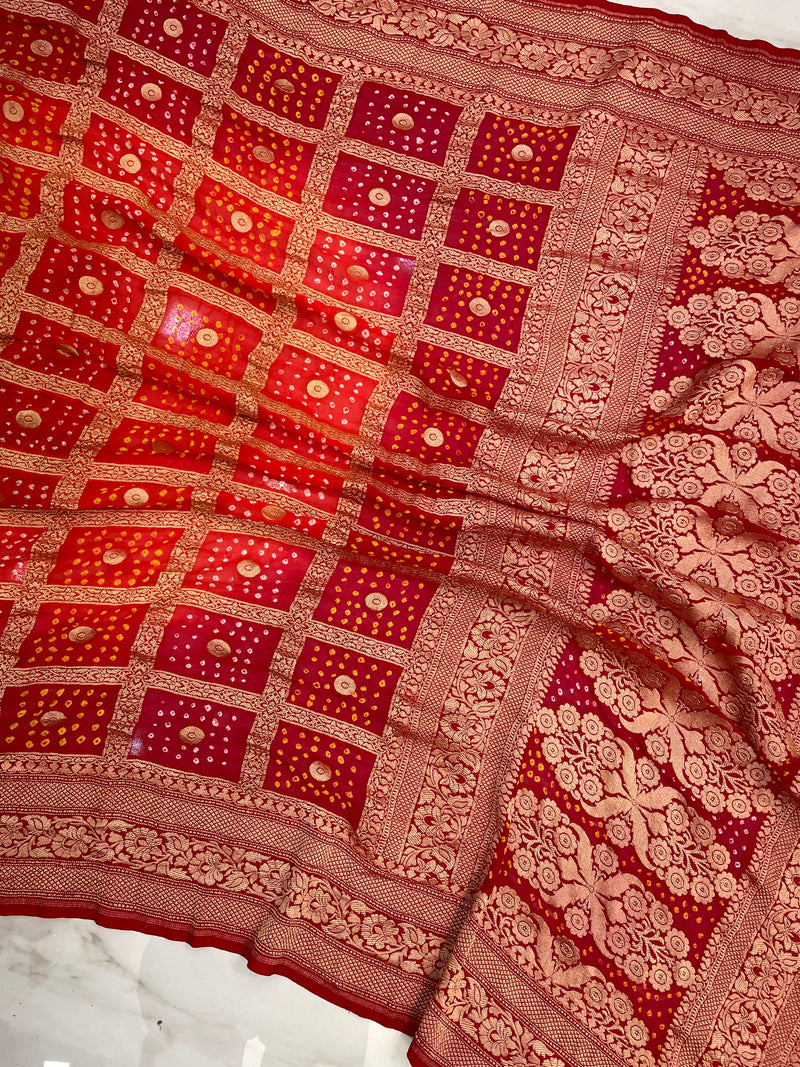 Dual Shade Pure Georgette Banarasi Bandhej Handloom Saree - The Handlooms