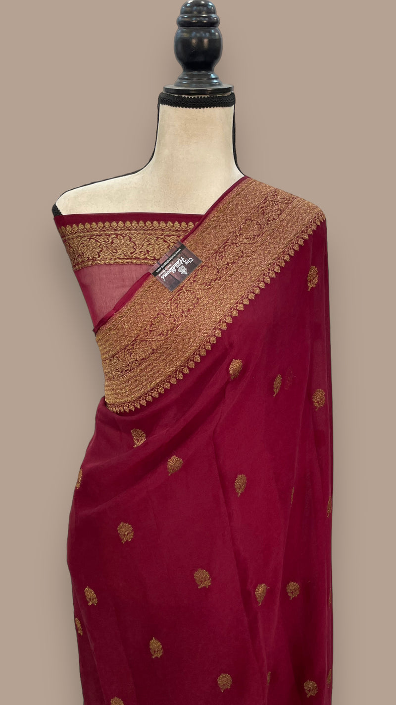 Maroon Pure Georgette Banarasi Saree - Antique Zari - The Handlooms