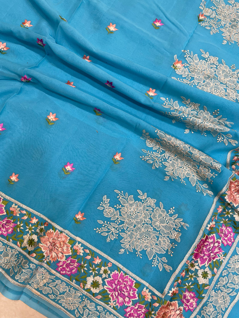 Pure Georgette Chikankari Handloom Banarasi Saree - The Handlooms