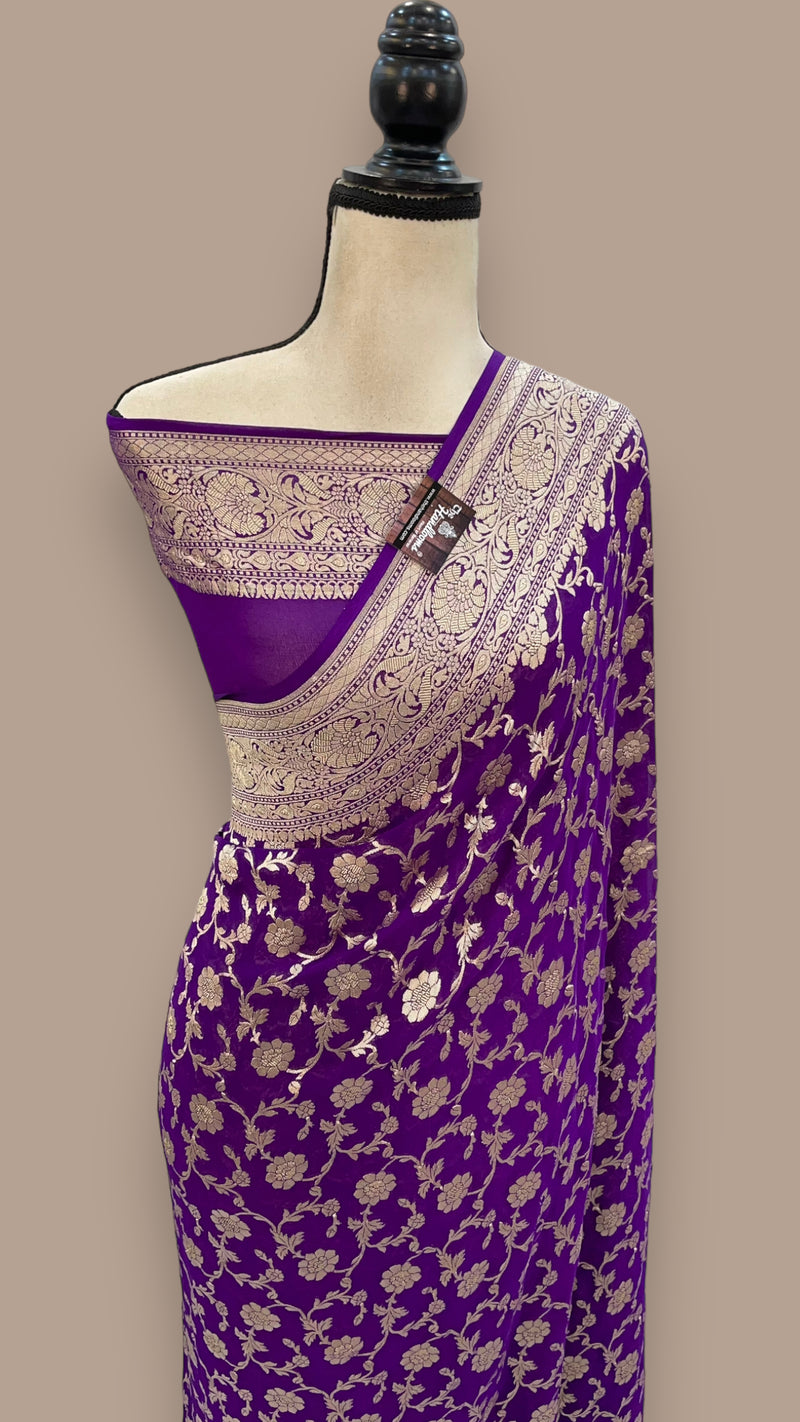Purple Pure Khaddi Georgette Handloom Banarasi Saree - The Handlooms