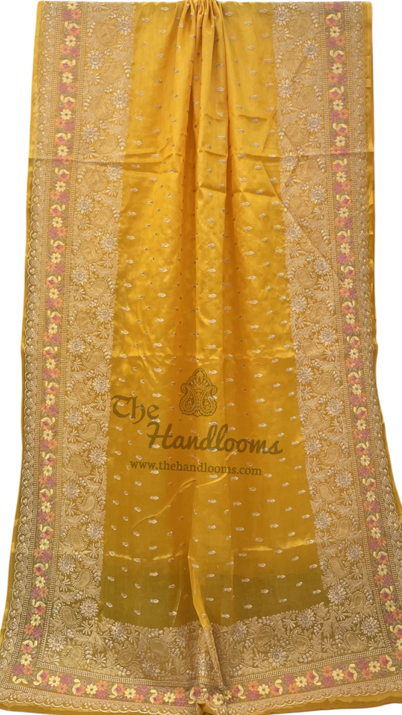 Yellow Tussar Silk Handloom Banarasi Saree With Chikankari - The Handlooms