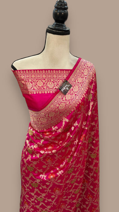 Hot Pink Pure Katan Silk Banarasi Handloom Saree - All over Jaal work with Meenakari