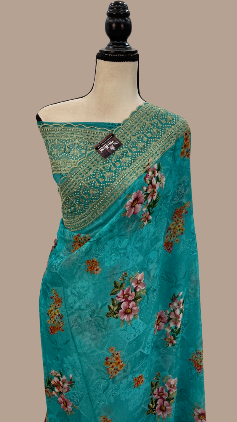 Pure Georgette Digital Print with Chikankari Handloom Banarasi Saree - The Handlooms