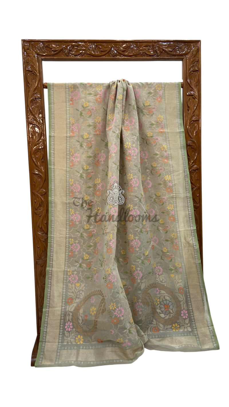 Real Zari Pure Cotton Jamdani Silk Banarasi Handloom Saree - All Over Kadiyal Jaal Work