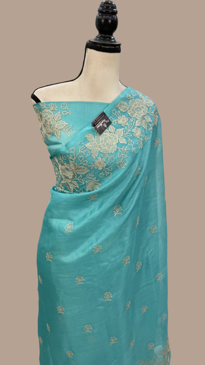 Tussar Silk Handloom Banarasi Saree With Chikankari - The Handlooms