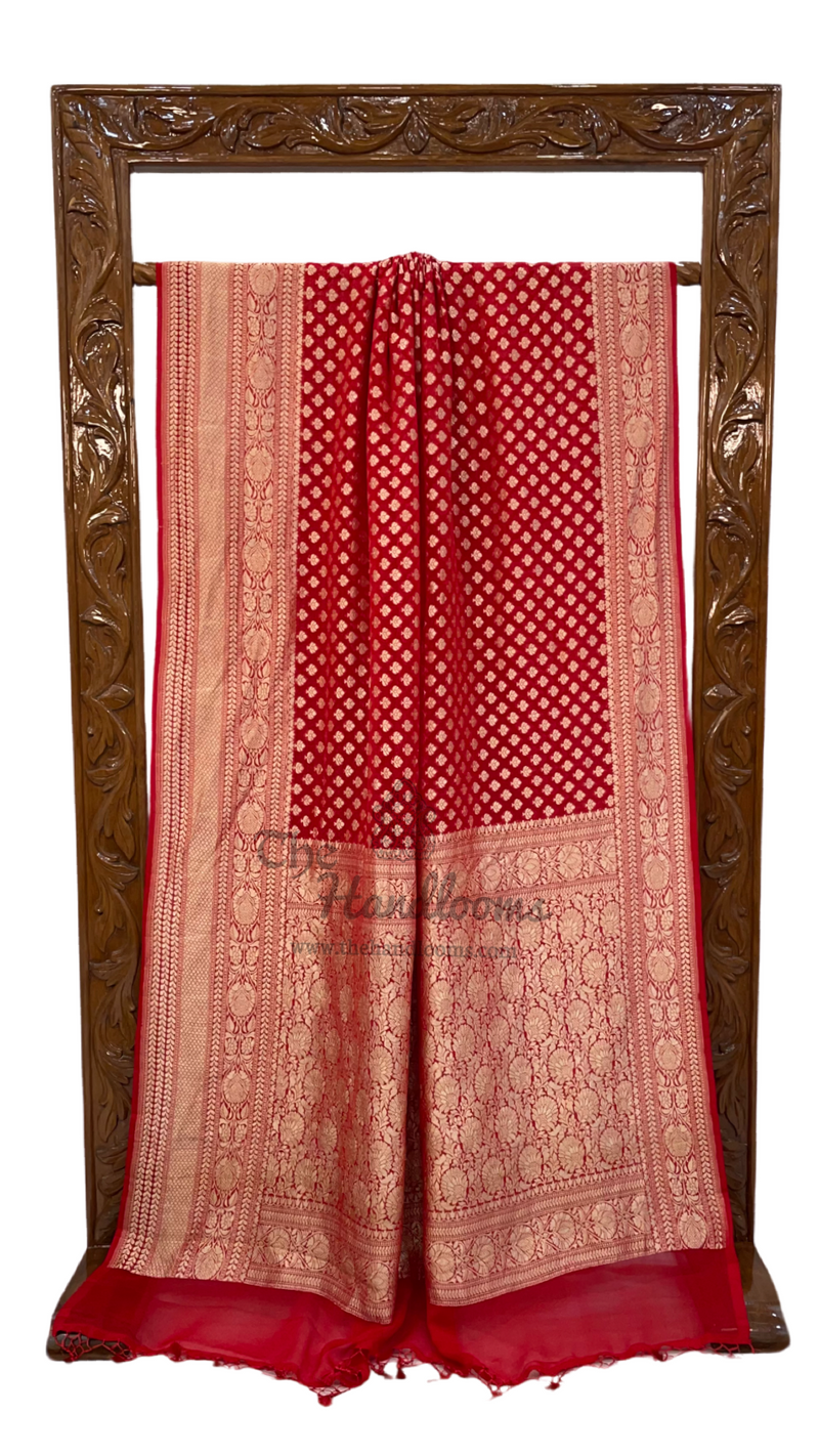 Red Khaddi Georgette Handloom Banarasi Saree - The Handlooms