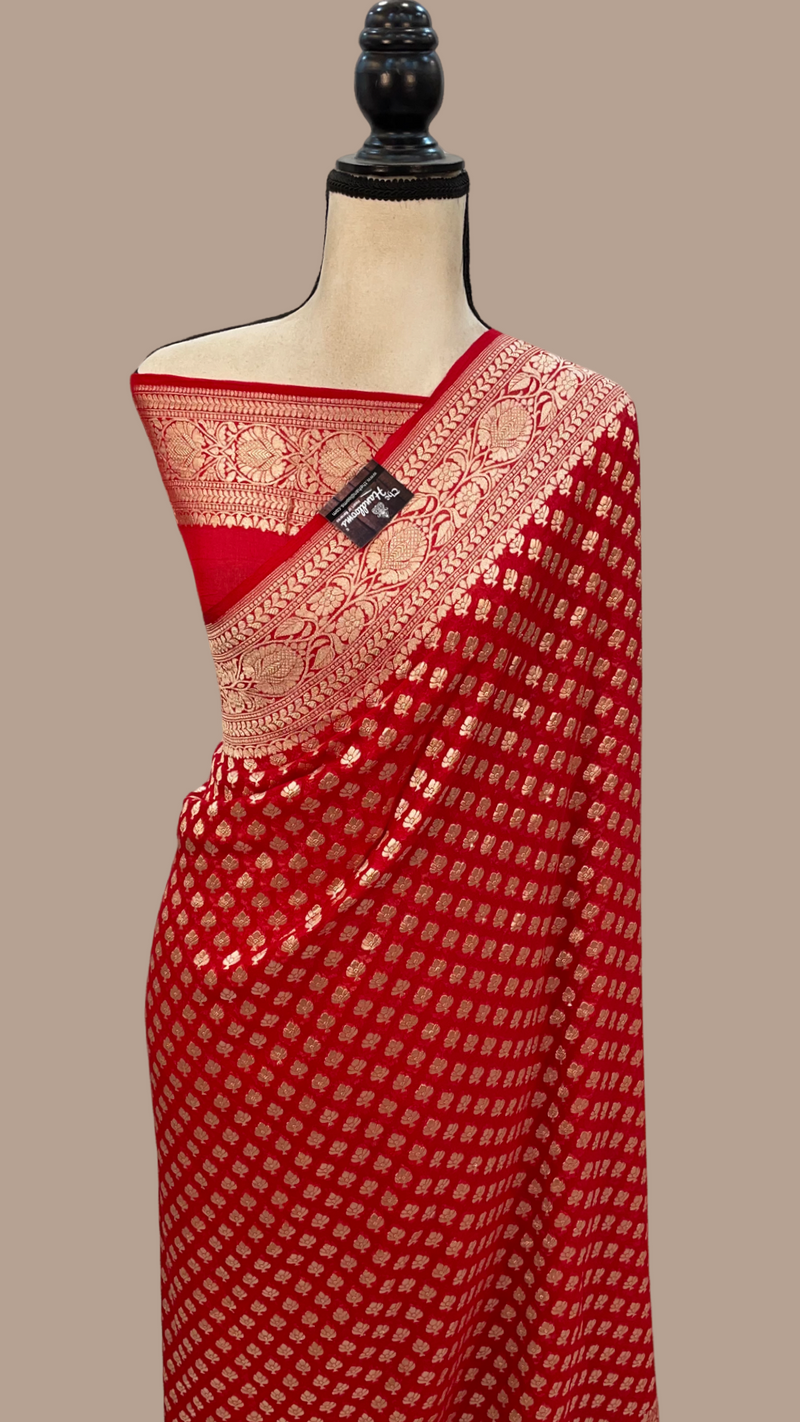 Red Khaddi Georgette Handloom Banarasi Saree - The Handlooms