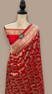 Red Pure Katan Silk Banarasi Handloom Saree - All over Jaal work with Meenakari - The Handlooms