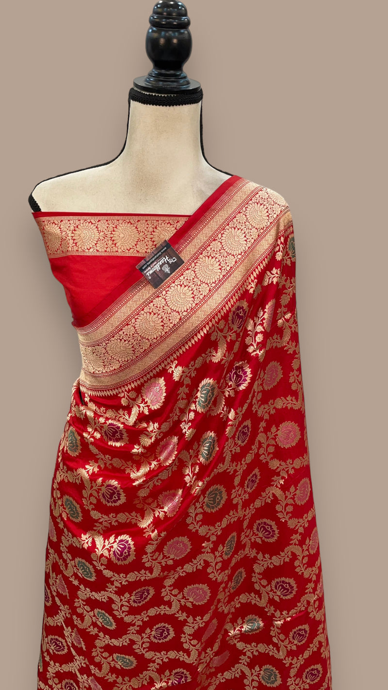 Red Pure Katan Silk Banarasi Handloom Saree - All over Jaal work with Meenakari - The Handlooms