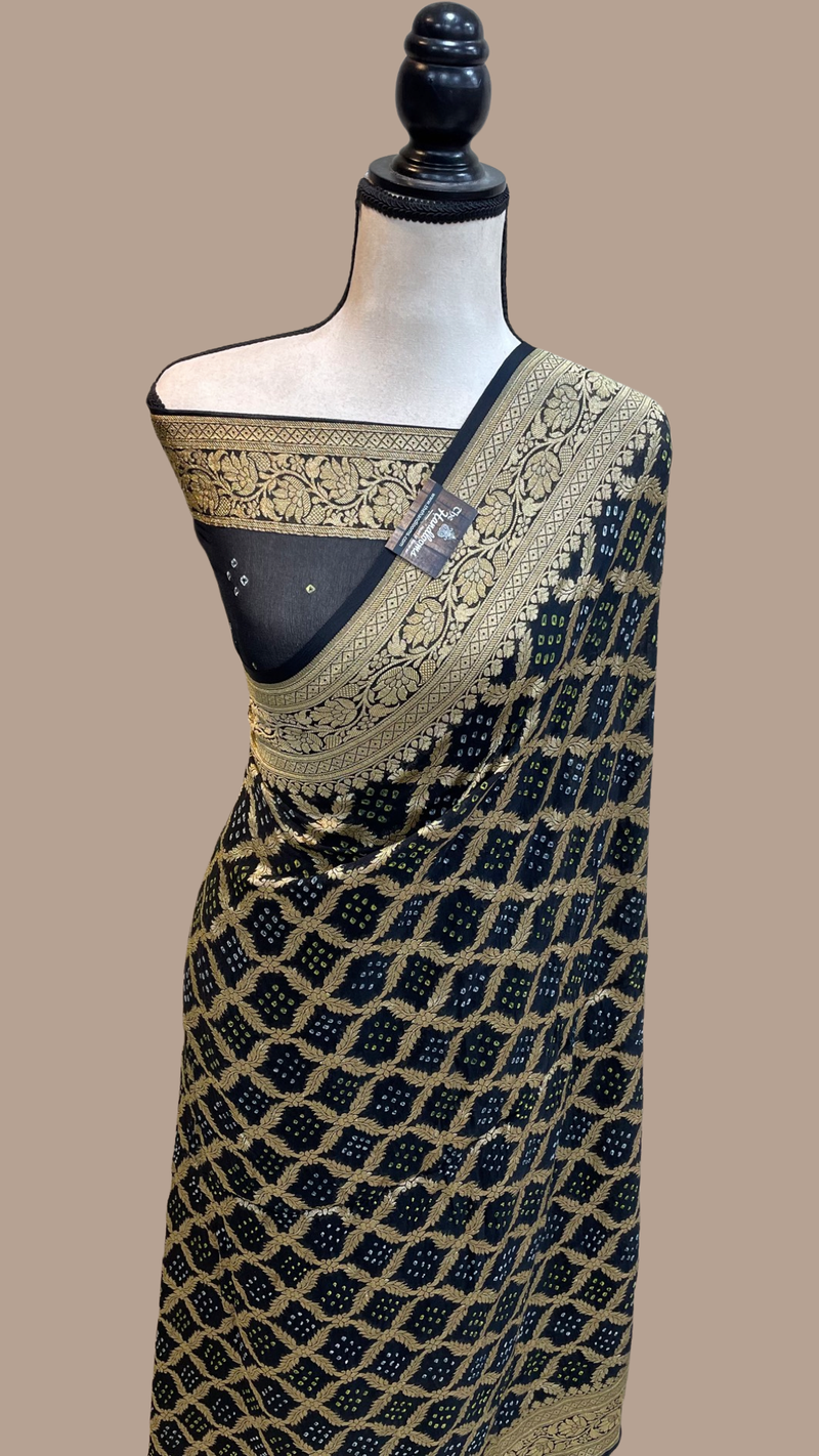 Pure Georgette Banarasi Bandhej Handloom Saree - The Handlooms